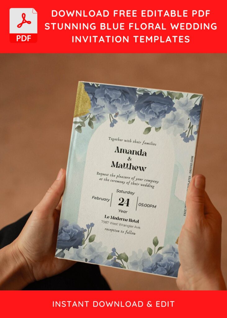 (Free Editable PDF) Beautiful And Elegant Blue Floral Wedding Invitation Templates I