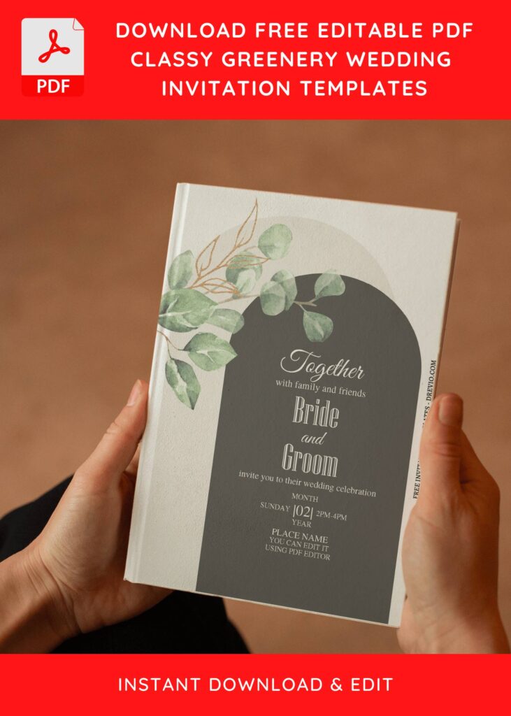 (Free Editable PDF) Soft Greenery Gold Wedding Invitation Templates I