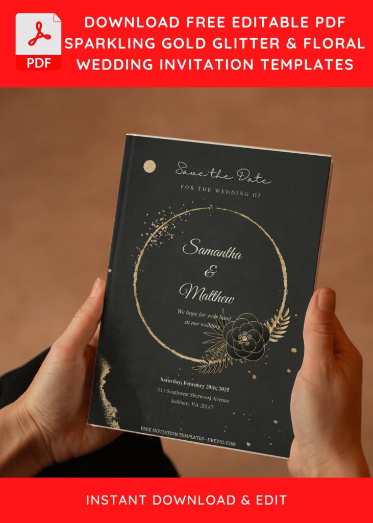 (Free Editable PDF) Glitter Gold Frame & Floral Wedding Invitation Templates E