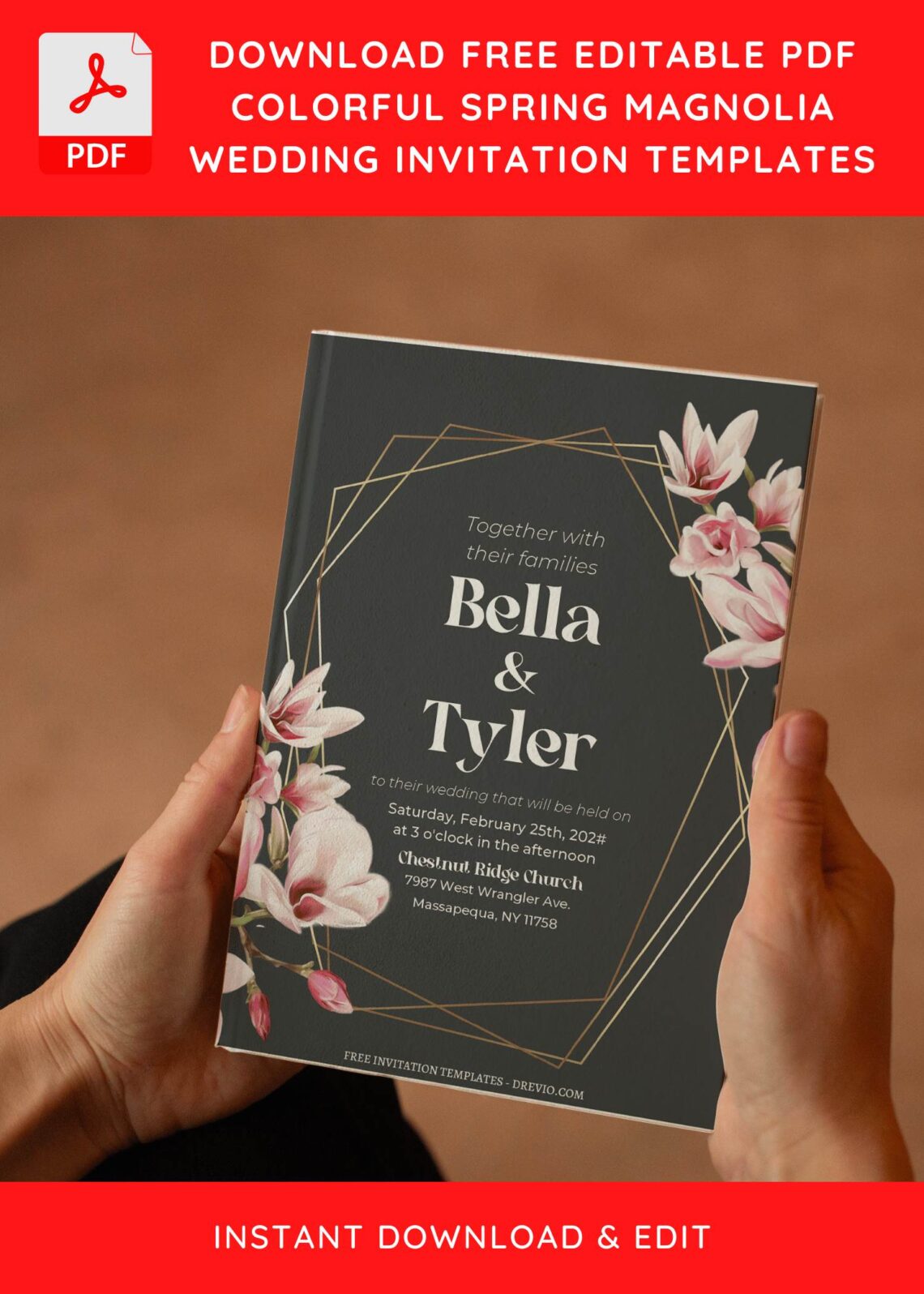 (Free Editable PDF) Stunning Geometric Magnolia Wedding Invitation Templates I