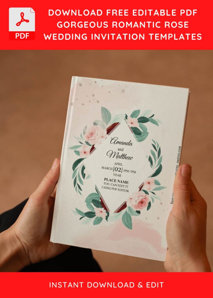 (Free Editable PDF) Elegant Rhombus Floral Frame Wedding Invitation Templates E