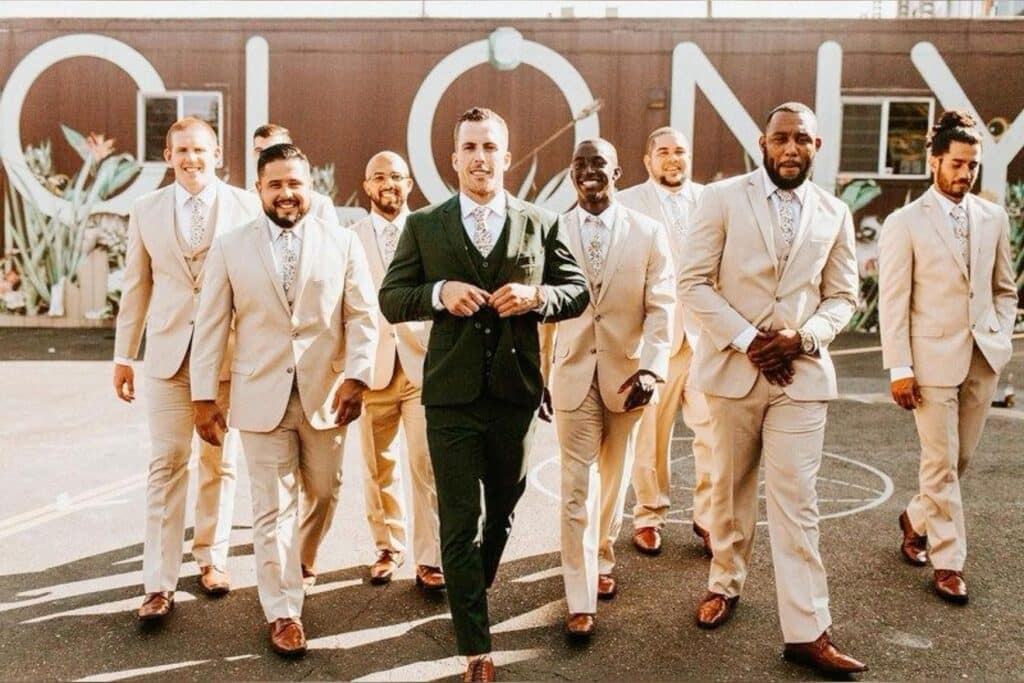 Green Groom Suit and Tan Groomsmen Suits