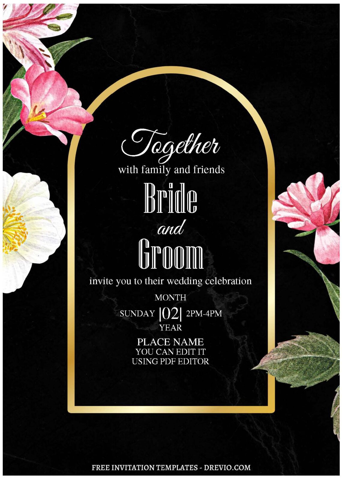 (Free Editable PDF) Granite Marble Floral Wedding Invitation Templates C