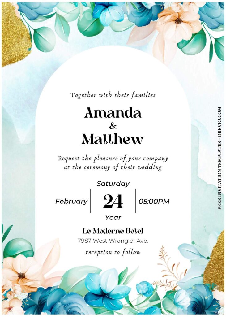 (Free Editable PDF) Beautiful And Elegant Blue Floral Wedding Invitation Templates B