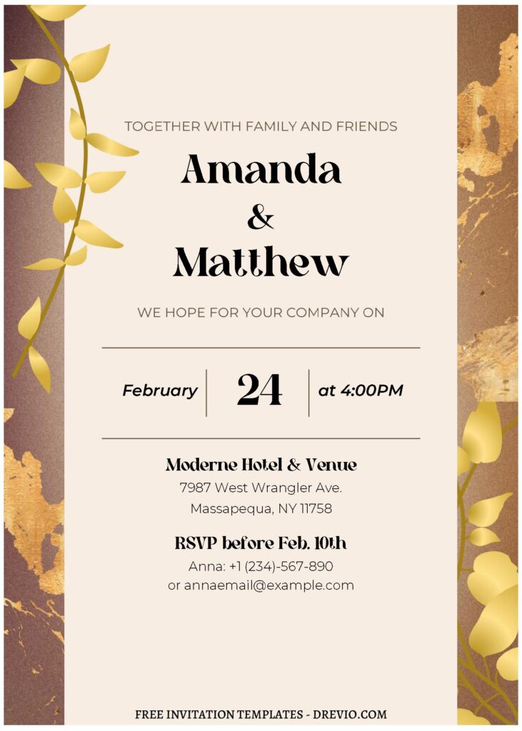 (Free Editable PDF) Modern Botanical Gold Wedding Invitation Templates A