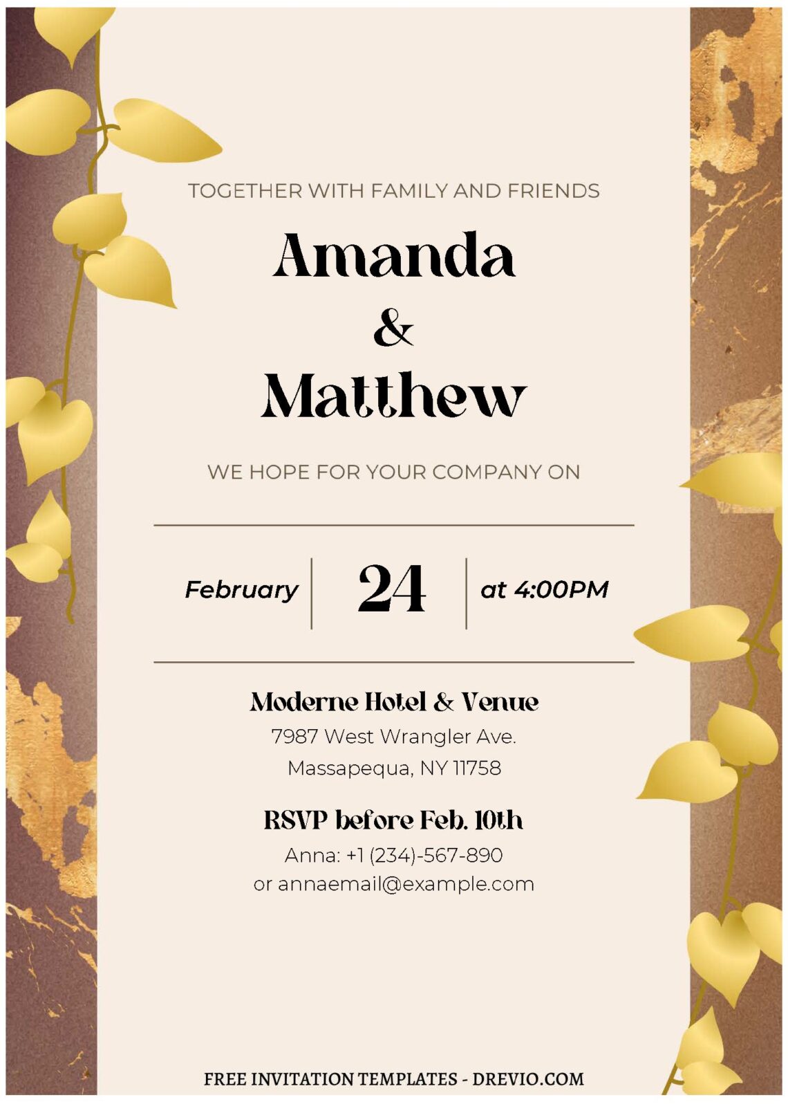 (Free Editable PDF) Modern Botanical Gold Wedding Invitation Templates ...