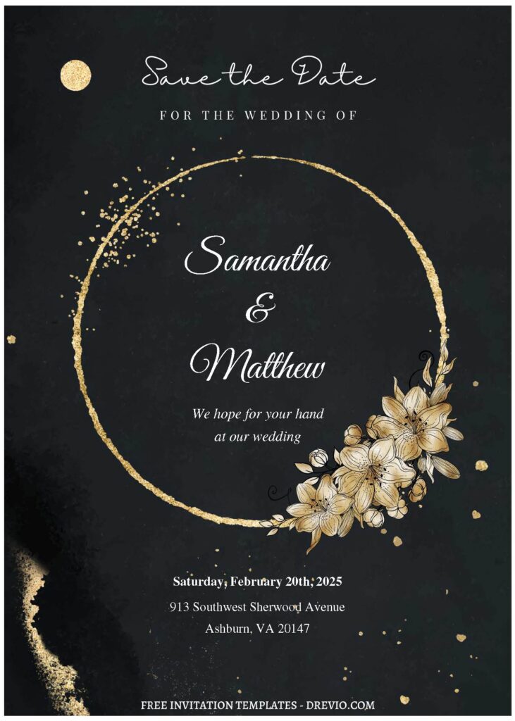 (Free Editable PDF) Glitter Gold Frame & Floral Wedding Invitation Templates C
