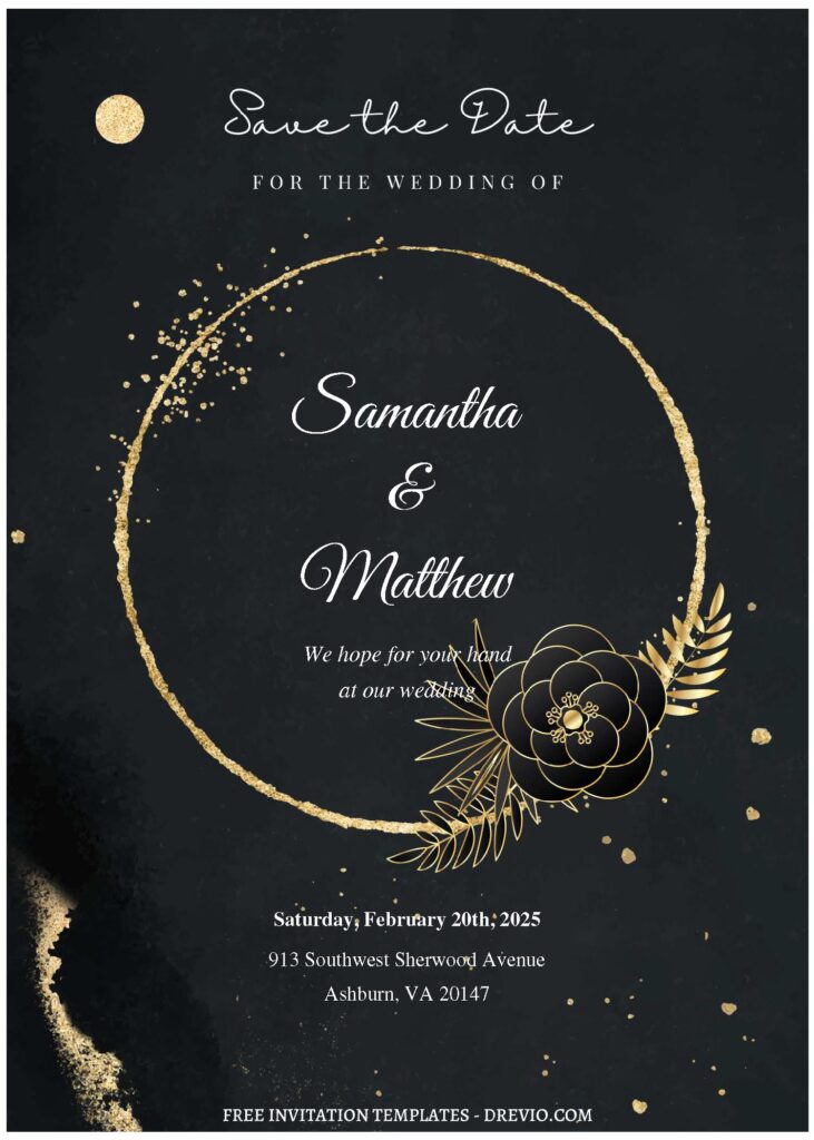 (Free Editable PDF) Glitter Gold Frame & Floral Wedding Invitation Templates A