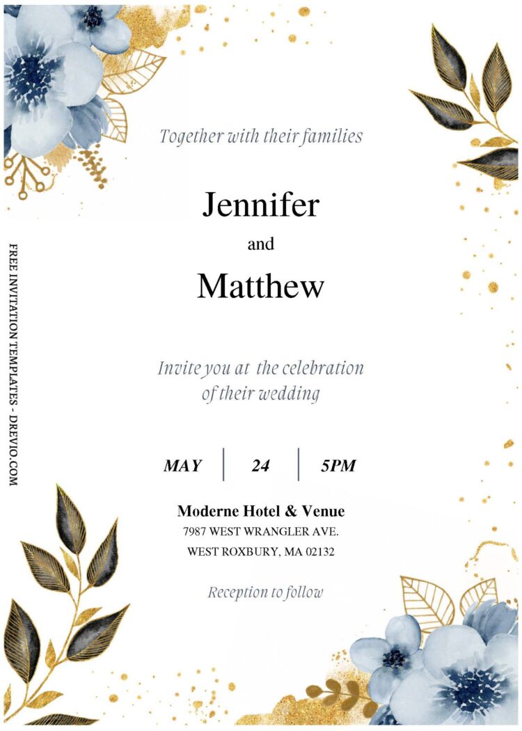 (Free Editable PDF) Classy Glitter Gold Floral Wedding Invitation ...