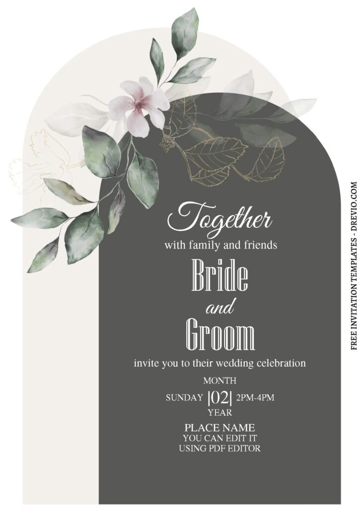 (Free Editable PDF) Soft Greenery Gold Wedding Invitation Templates C