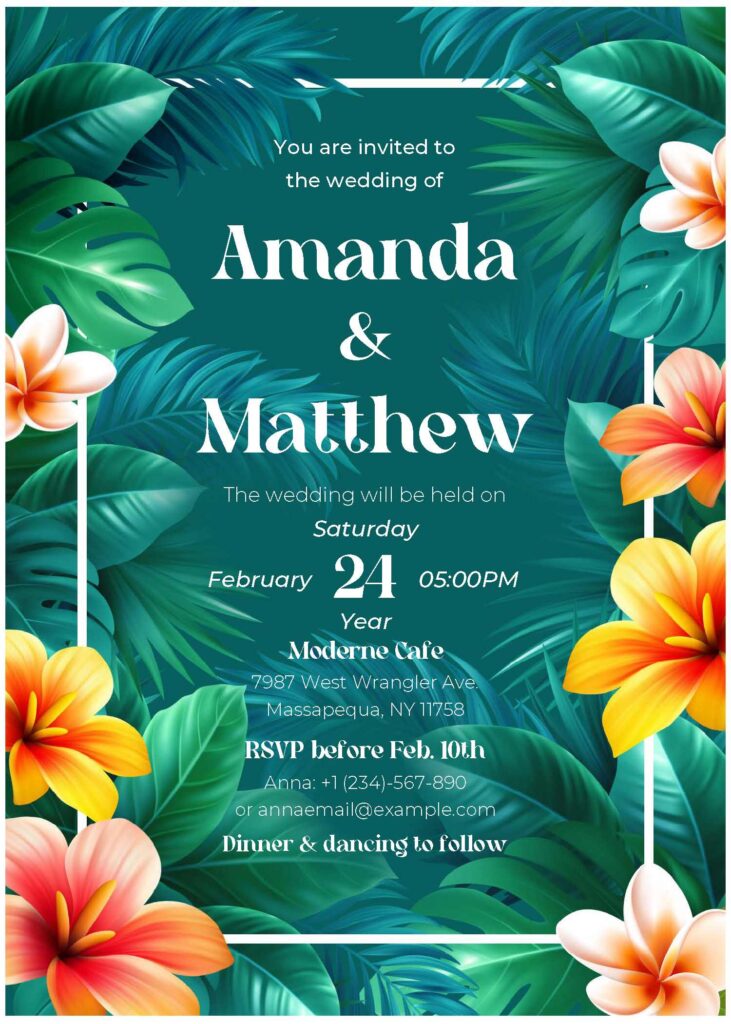 (Free Editable PDF) Exquisite Tropical Hawaiian Wedding Invitation Templates C