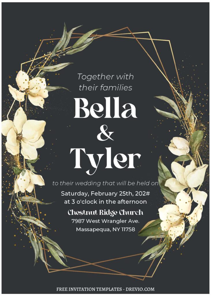 (Free Editable PDF) Stunning Geometric Magnolia Wedding Invitation Templates C