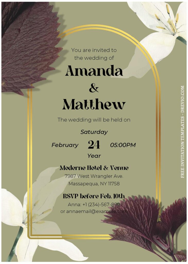 (Free Editable PDF) Olive Green Floral Wedding Invitation Templates C