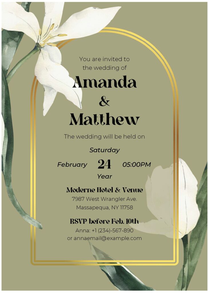 (Free Editable PDF) Olive Green Floral Wedding Invitation Templates A