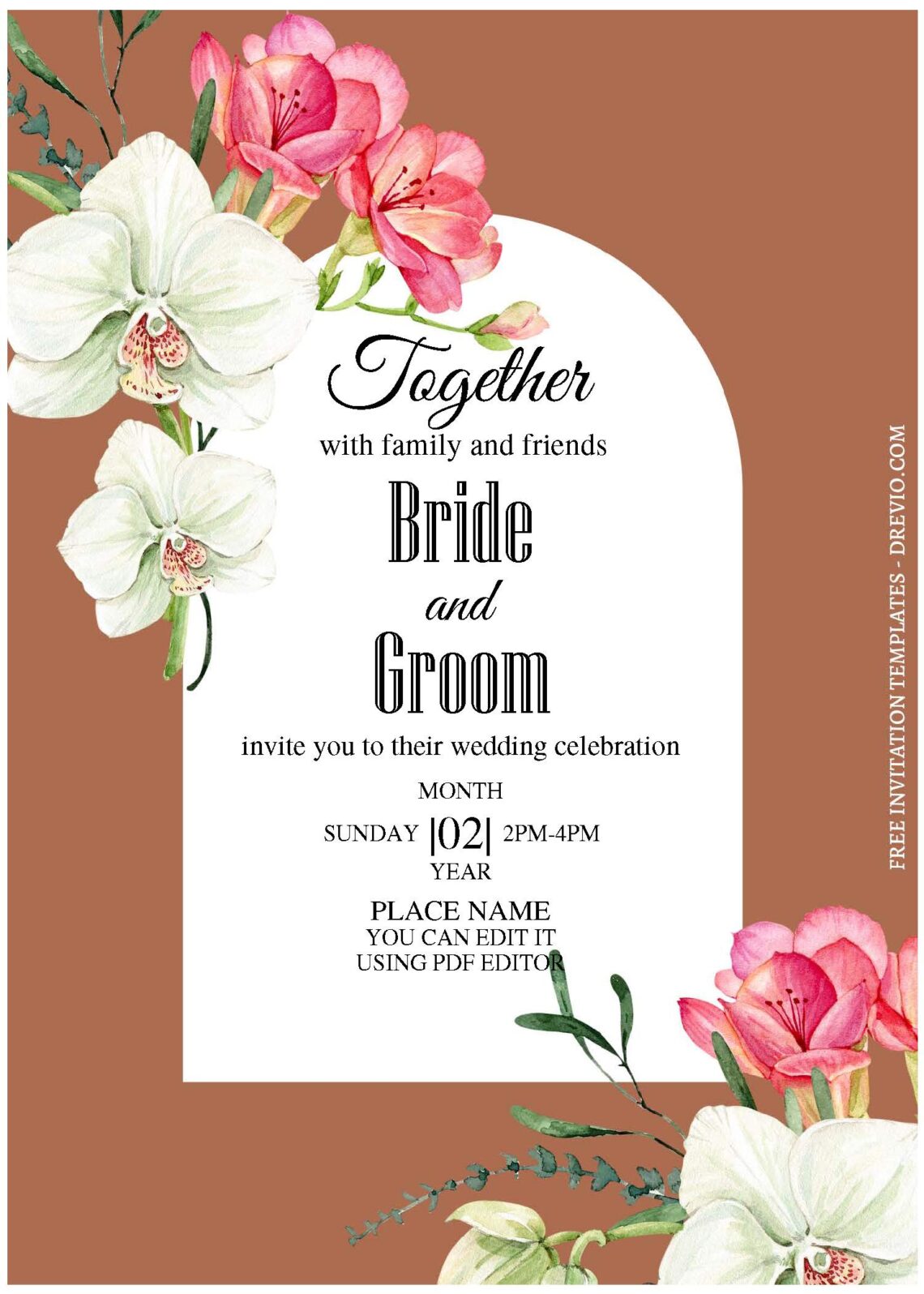 (Free Editable PDF) Boho Orchid Floral Wedding Invitation Templates A