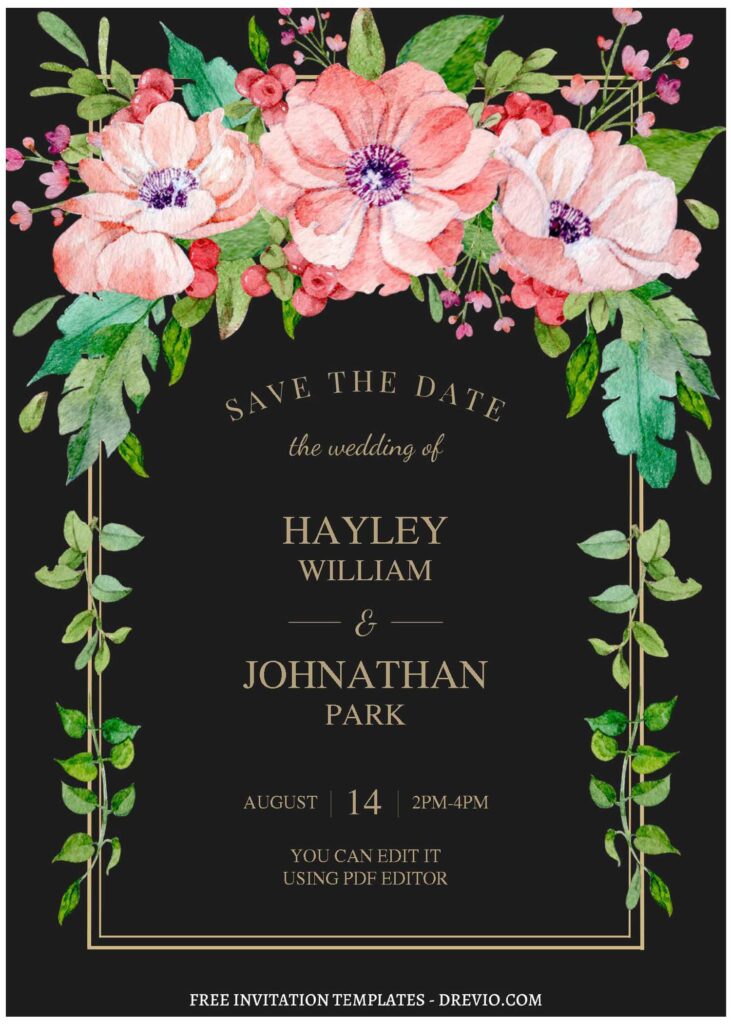 Watercolor Floral Wedding Invitation with Poppy and greenery