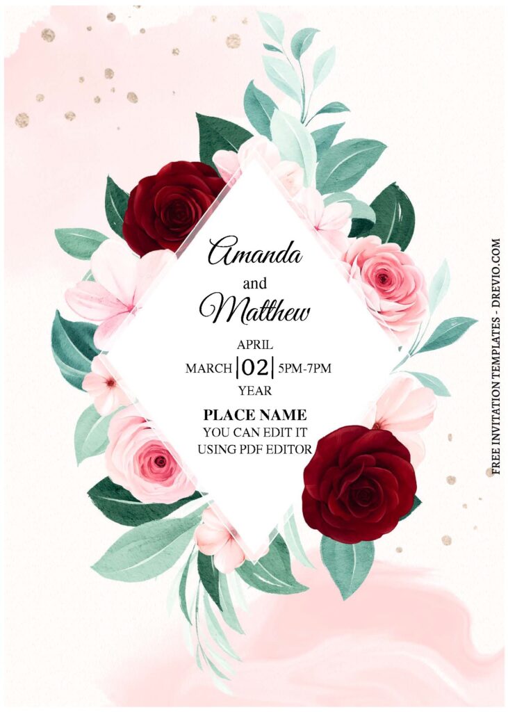 (Free Editable PDF) Elegant Rhombus Floral Frame Wedding Invitation Templates C