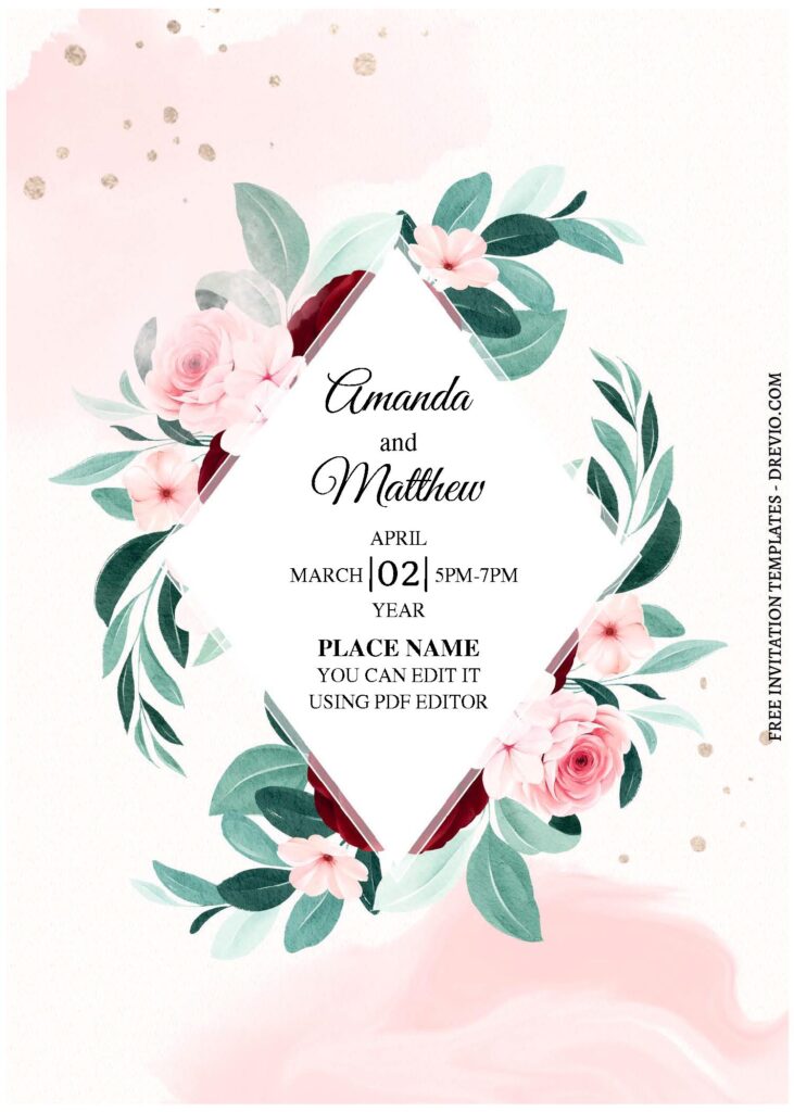 (Free Editable PDF) Elegant Rhombus Floral Frame Wedding Invitation Templates A