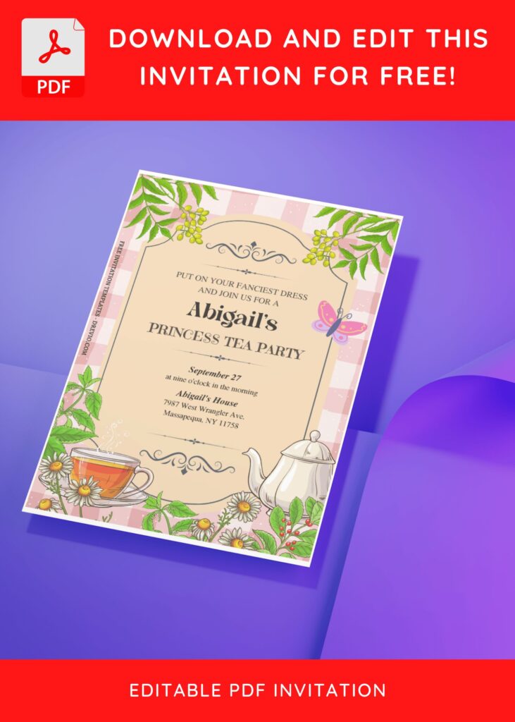 (Free Editable PDF) Dreamy Princess Tea Party Birthday Invitation Templates II