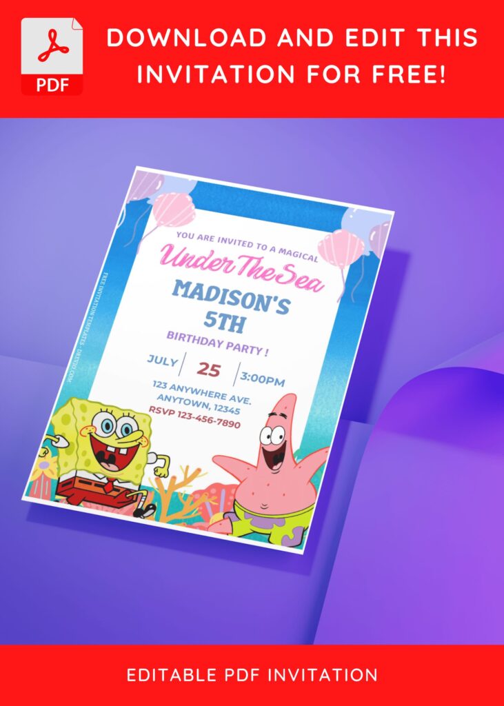 (Free Editable PDF) Dive Into Fun SpongeBob Under the Sea Birthday Invitation Templates J