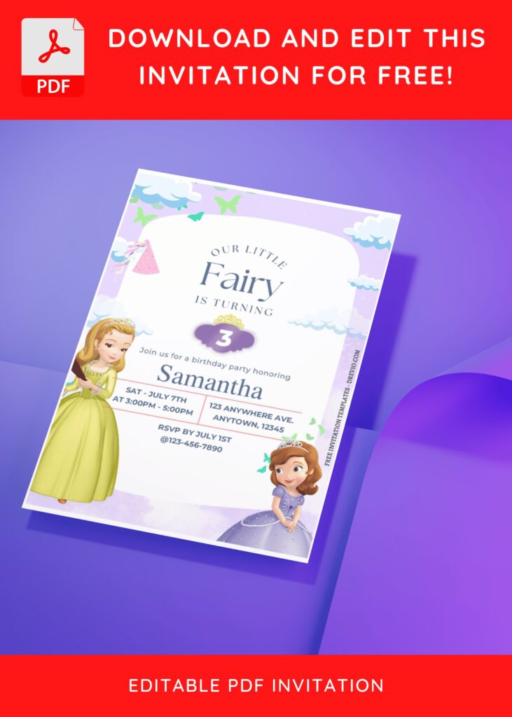 (Free Editable PDF) Fairy Garden Sofia The First Birthday Invitation Templates J