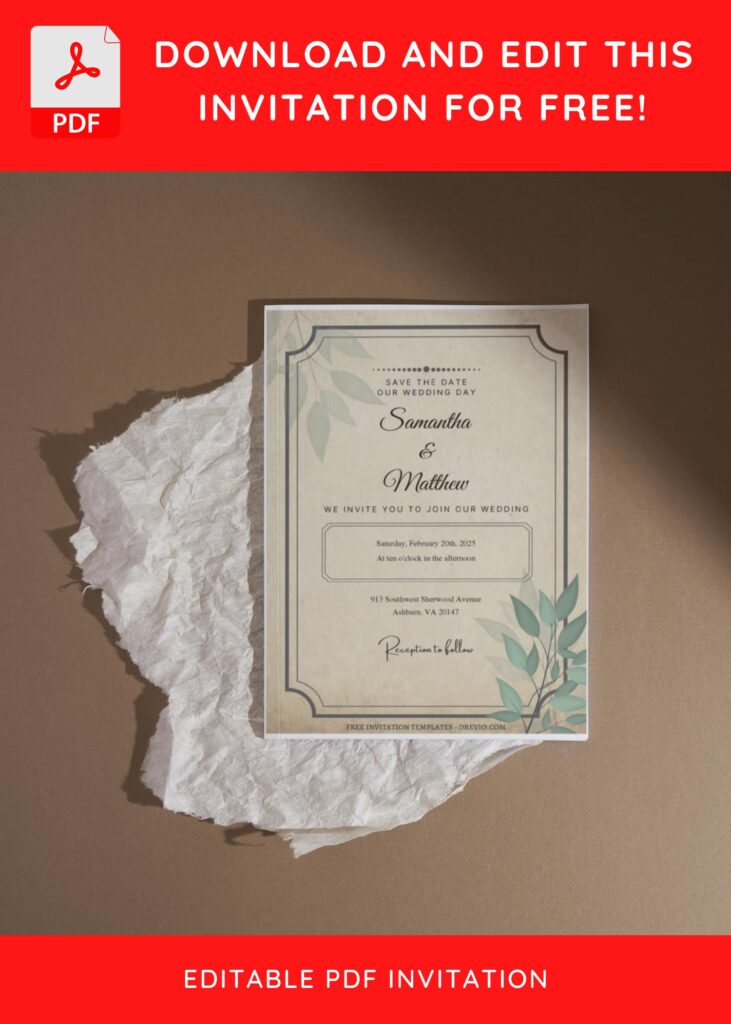 (Free Editable PDF) Vintage Botanical Foliage Wedding Invitation Templates I