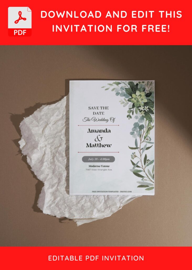 (Free Editable PDF) Greenery And Floral Border Wedding Invitation Templates I