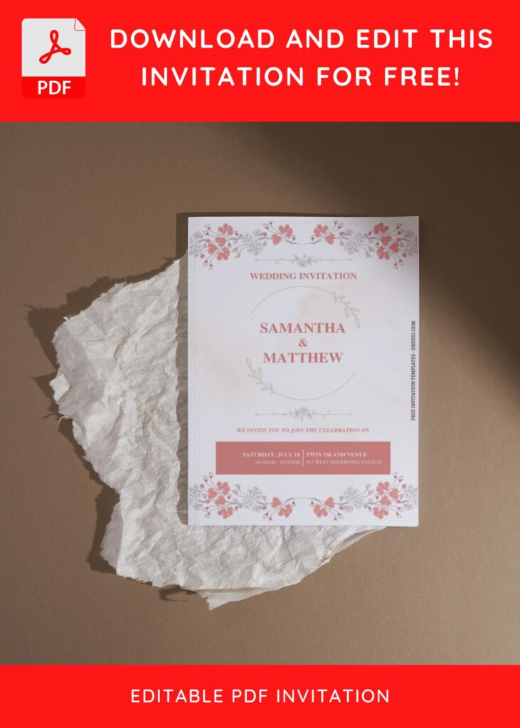 (Free Editable PDF) Stunning Peach Floral Wedding Invitation Templates I