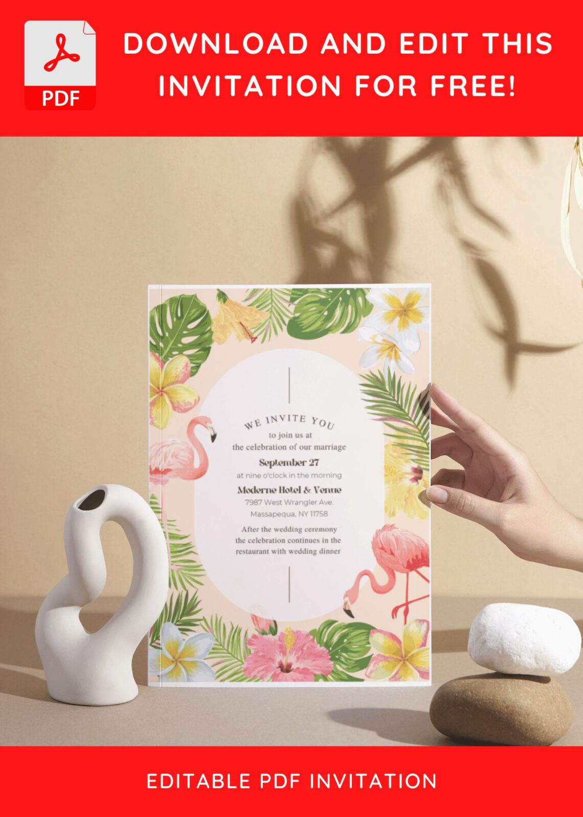 (Free Editable PDF) Vibrant Tropical Oasis Wedding Invitation Templates II