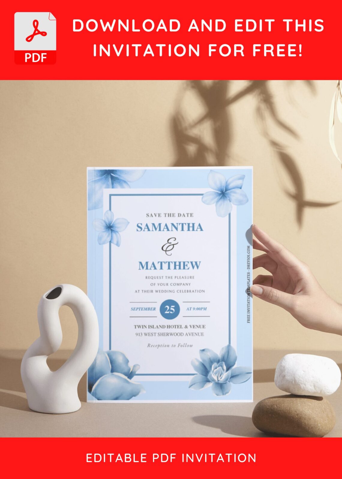 (Free Editable PDF) Rustic & Earthy Blue Floral Wedding Invitation Templates I