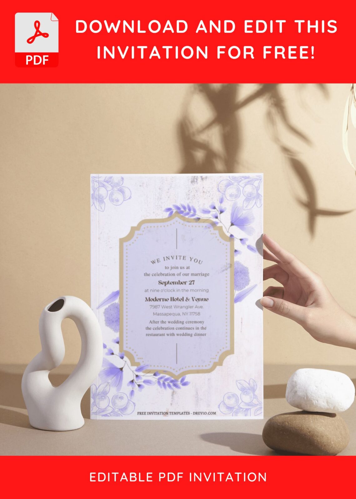(Free Editable PDF) Blue Rustic Wedding Invitation Templates