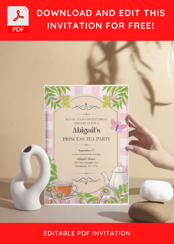 (Free Editable PDF) Dreamy Princess Tea Party Birthday Invitation Templates H