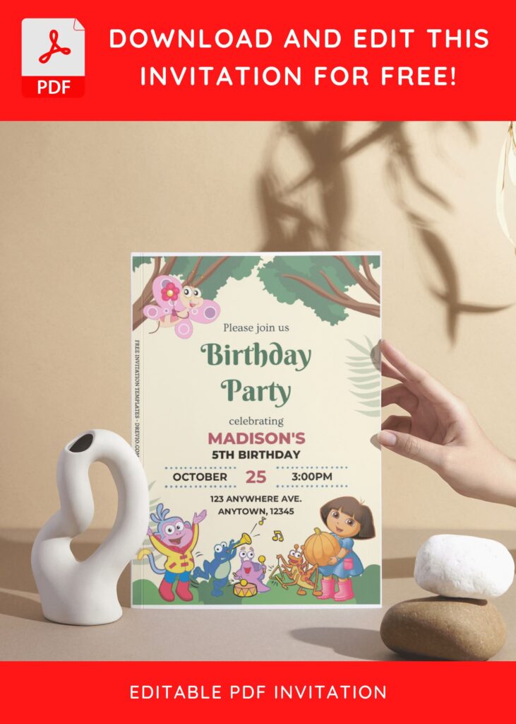 (Free Editable PDF) Join Dora The Explorer In Jungle Birthday Invitation Templates I