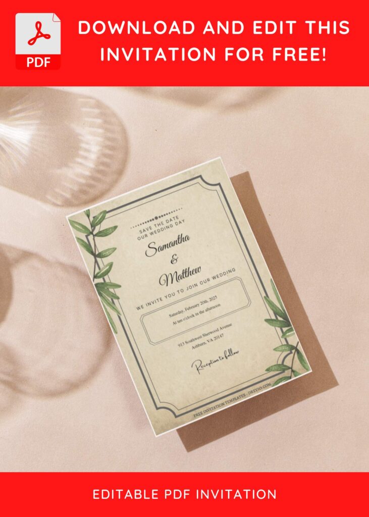 (Free Editable PDF) Vintage Botanical Foliage Wedding Invitation Templates G