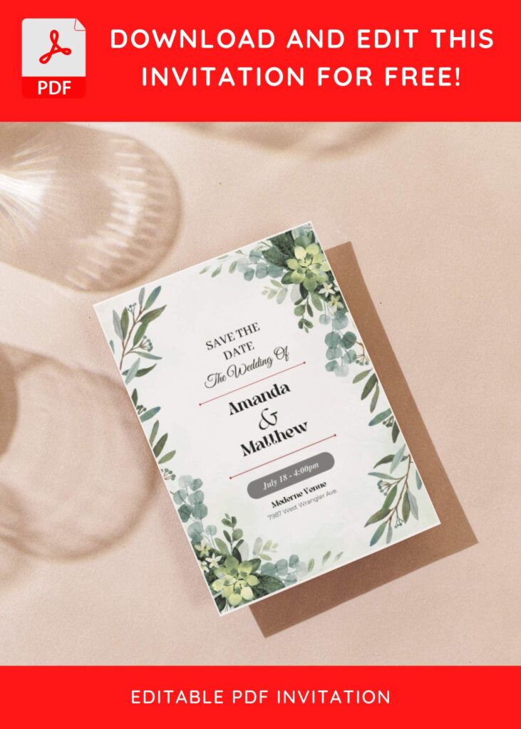 (Free Editable PDF) Greenery And Floral Border Wedding Invitation Templates G