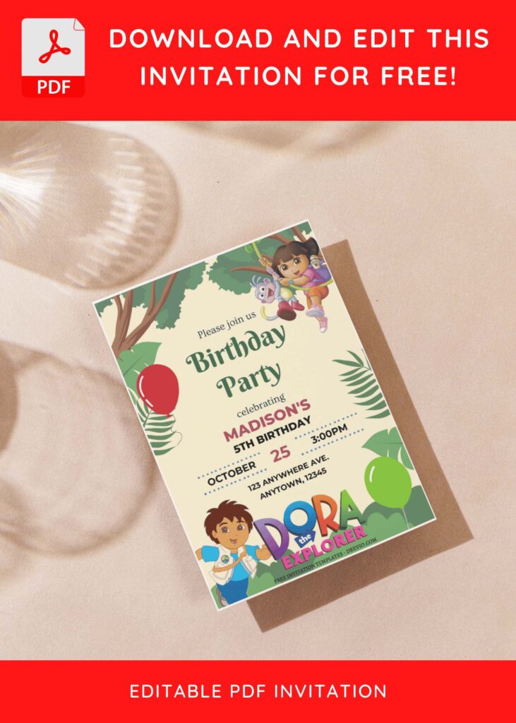 (Free Editable PDF) Join Dora The Explorer In Jungle Birthday Invitation Templates G