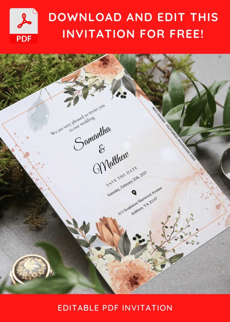 (Free Editable PDF) Botanical Floral Charm Wedding Invitation Templates F