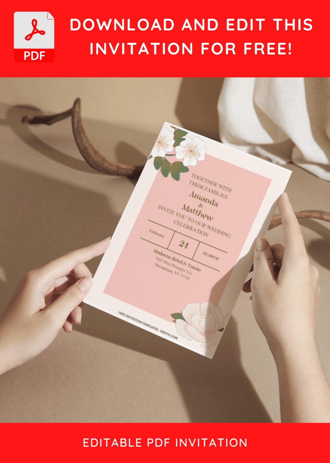(Free Editable PDF) Blush Pink Watercolor Floral Wedding Invitation Templates