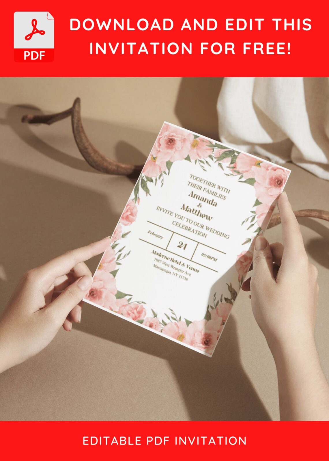 (Free Editable PDF) Lovely Peony And Rose Wedding Invitation Templates