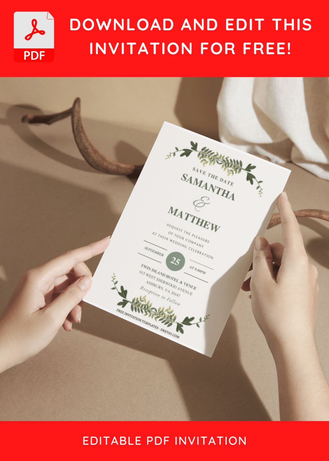 (Free Editable PDF) Tropical Bohemian Wedding Invitation Templates with tropical greenery wreath