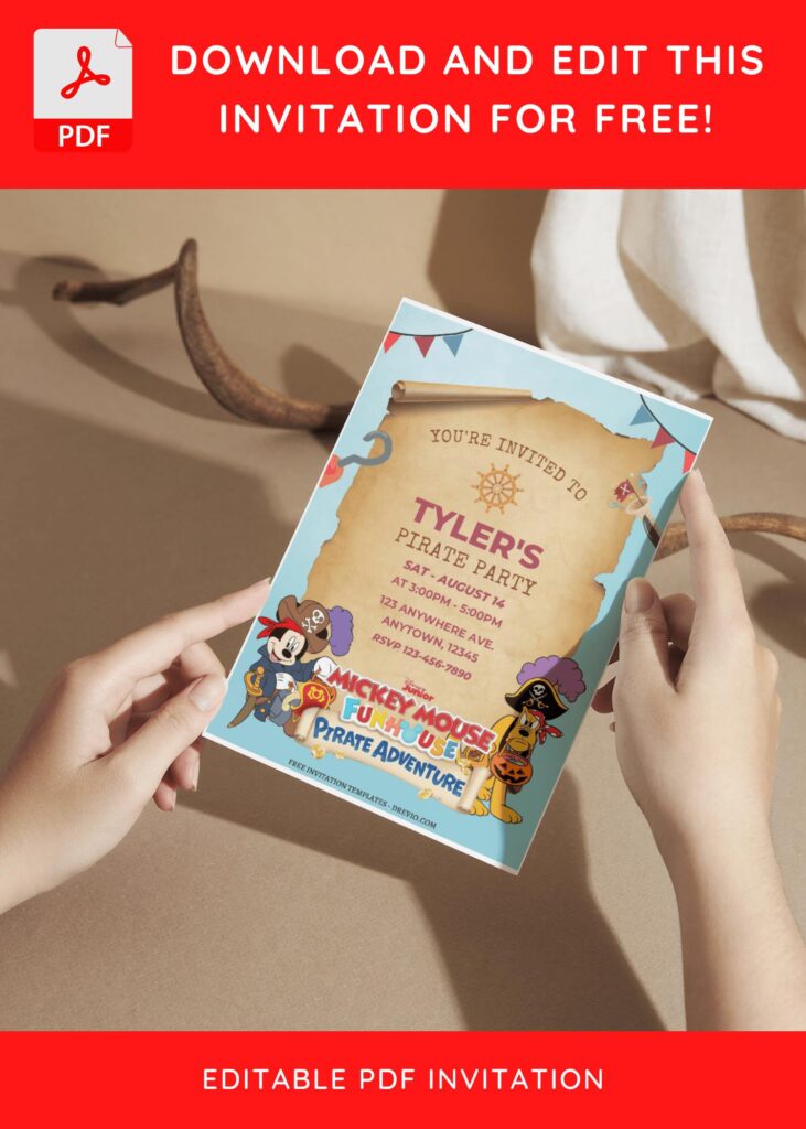 (Free Editable PDF) Set Sail For Fun Mickey Mouse Pirate Birthday Invitation Templates F