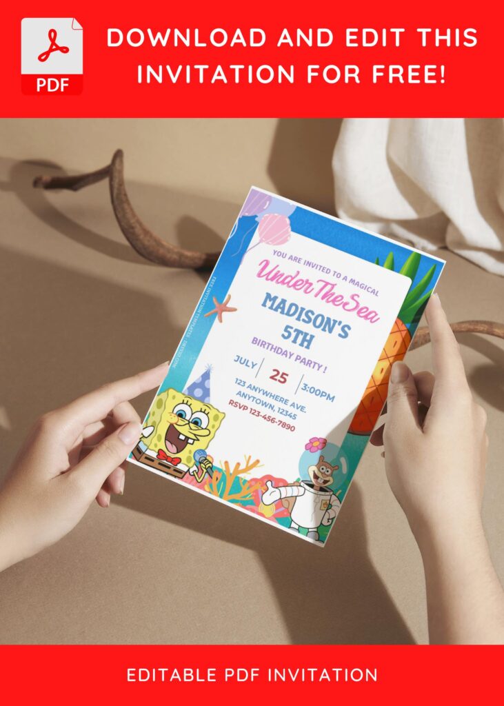 (Free Editable PDF) Dive Into Fun SpongeBob Under the Sea Birthday Invitation Templates F