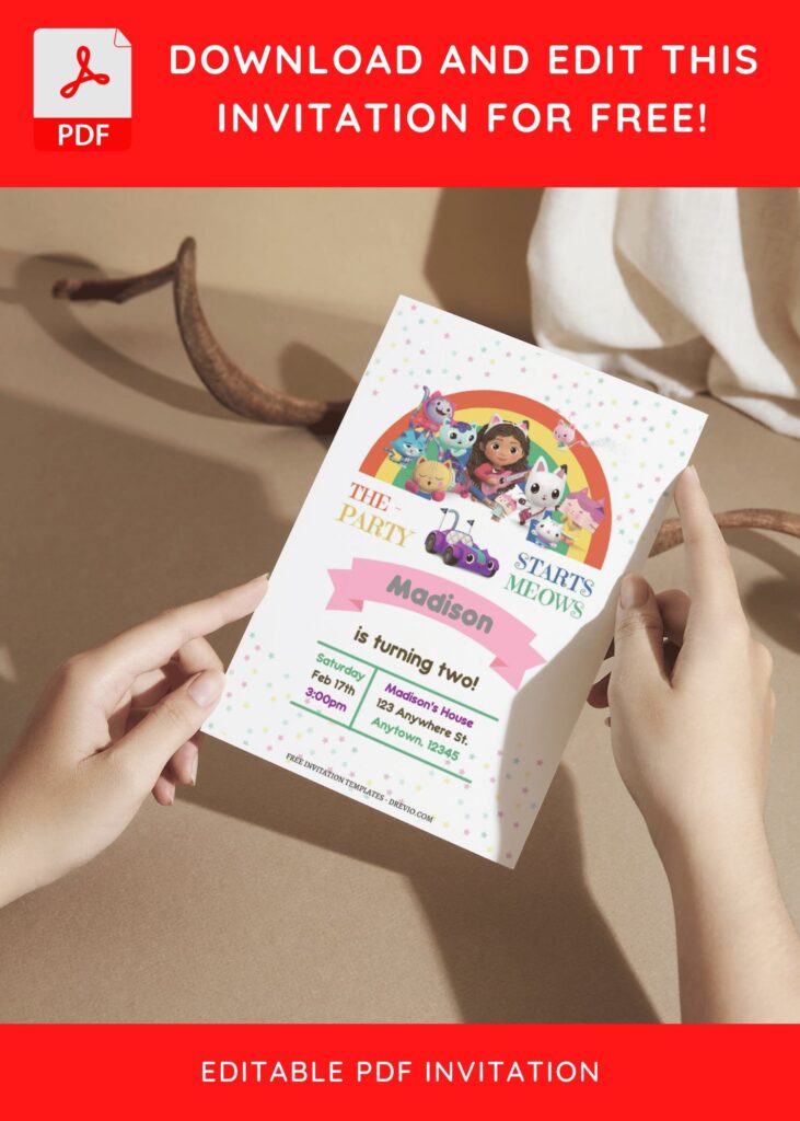 (Free Editable PDF) Rainbow Gabby's Dollhouse Birthday Invitation Templates F