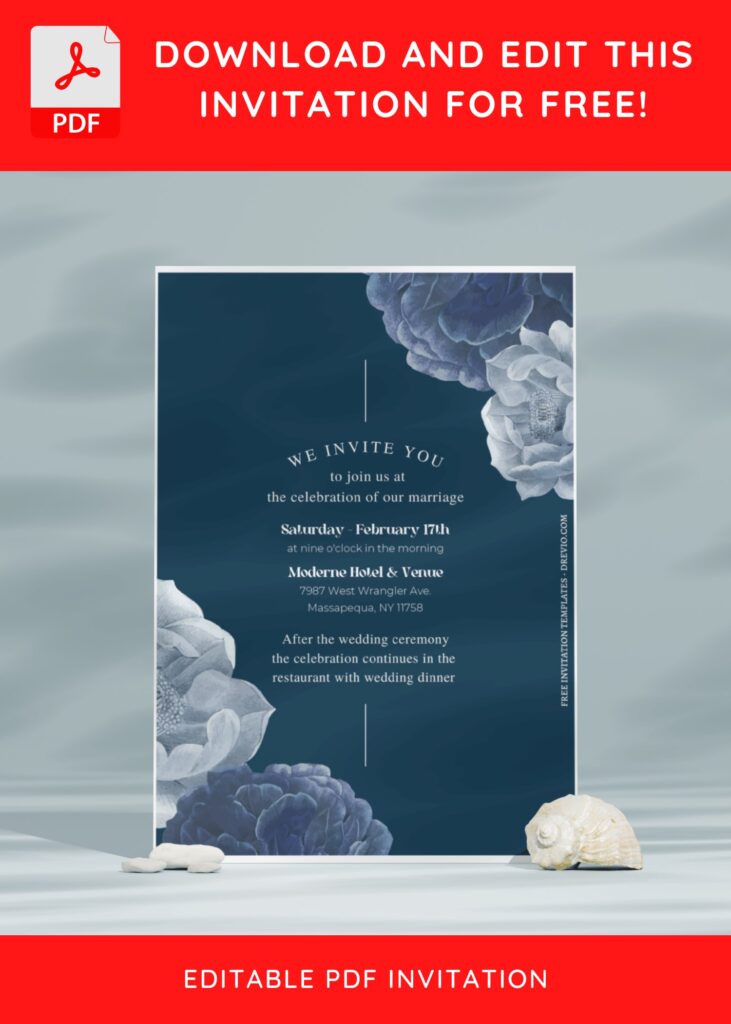 (Free Editable PDF) Dreamy Blue Flower Wedding Invitation Templates E