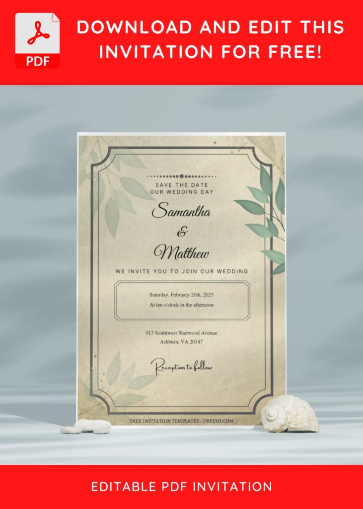 (Free Editable PDF) Vintage Botanical Foliage Wedding Invitation Templates E