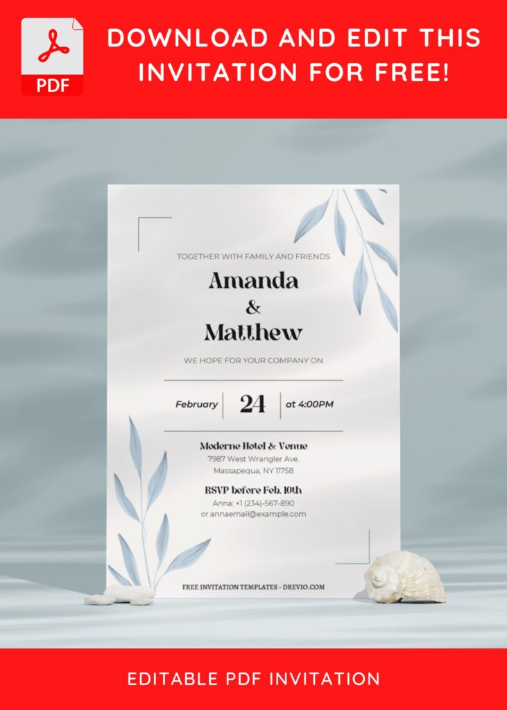 Invitation Template of (Free Editable PDF) Dreamy Blue Leaf Wedding Invitation Templates 5