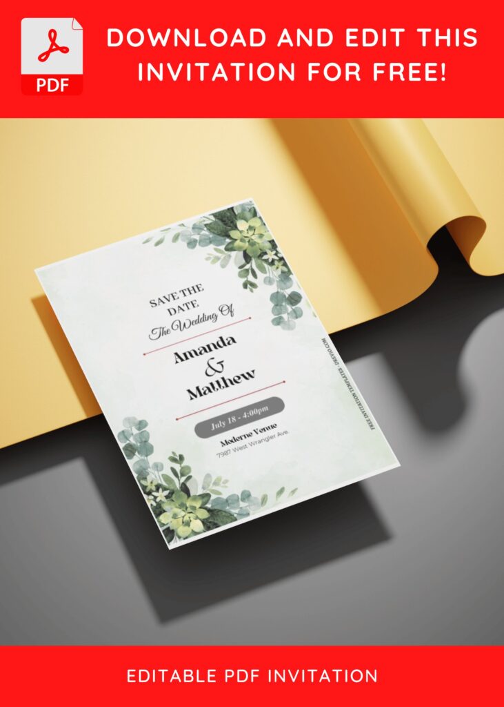 (Free Editable PDF) Greenery And Floral Border Wedding Invitation Templates E