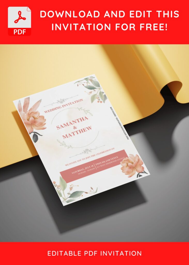 (Free Editable PDF) Stunning Peach Floral Wedding Invitation Templates E