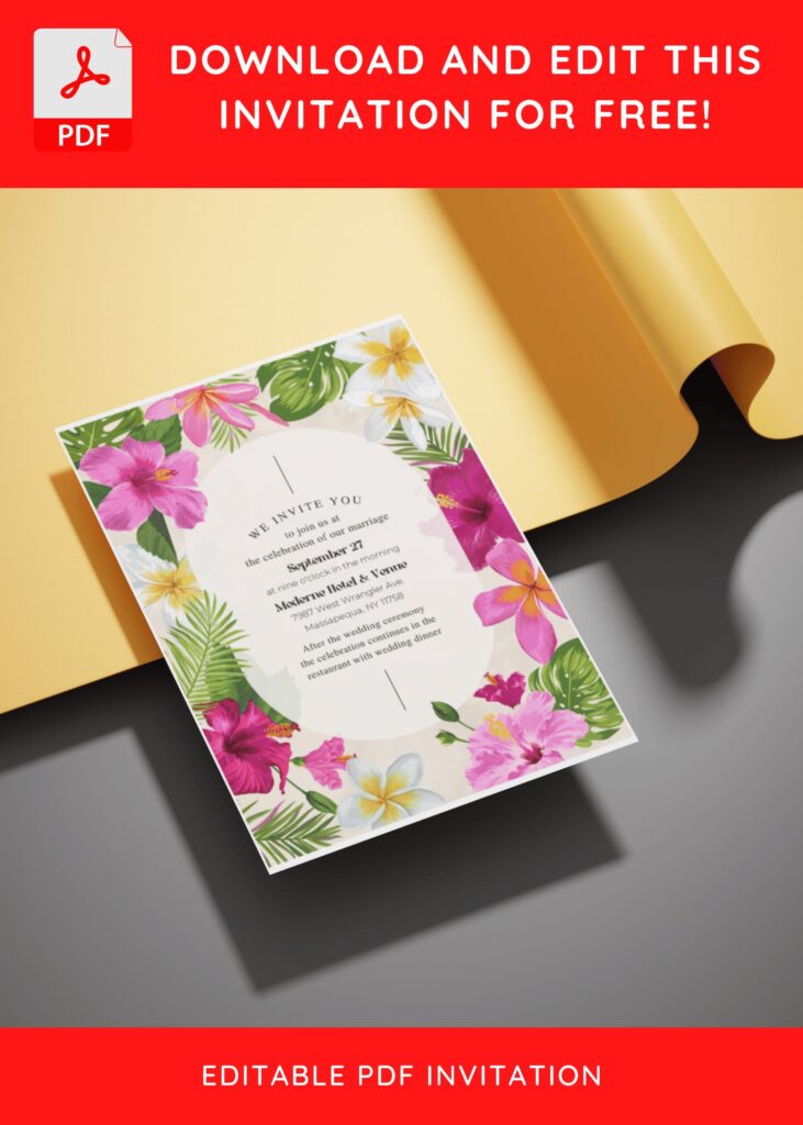 (Free Editable PDF) Vibrant Tropical Oasis Wedding Invitation Templates E