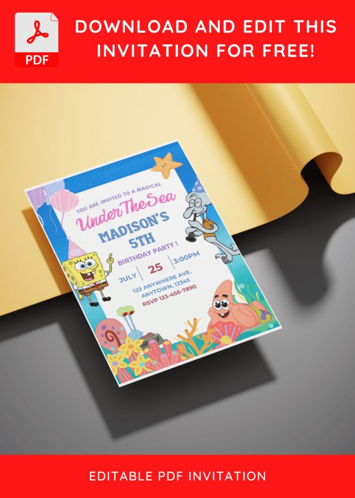 Invitation Template of (Free Editable PDF) Dive Into Fun SpongeBob Under the Sea Birthday Invitation Templates 3